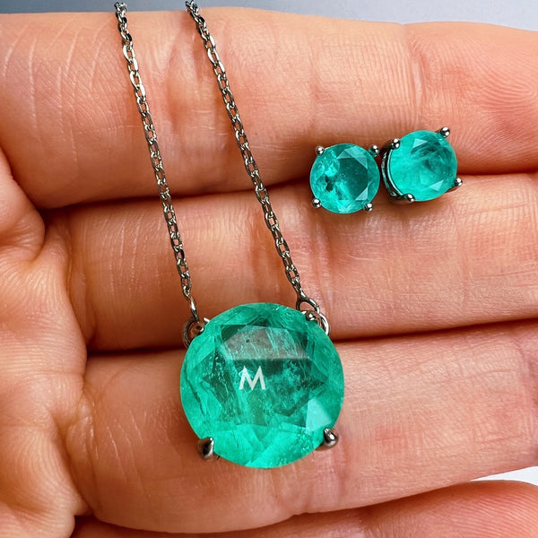 Round Colombian Emerald Necklace | White Rhodium