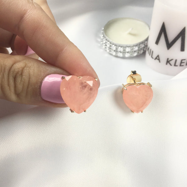 Large Heart Earrings Peach Quartz Fusion Stone 18k Gold Plated