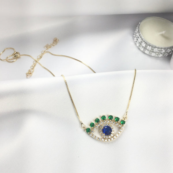 Evil Eye Necklace Emerald, Blue Sapphire cz 18k Gold Plated