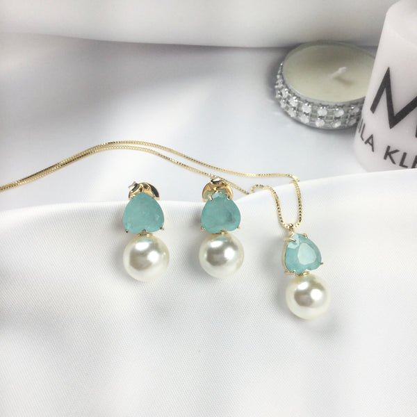 Set Delicate Heart Aquamarine and Pearls 18k Gold Plated