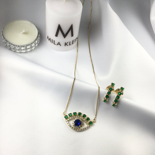 Evil Eye Necklace Emerald, Blue Sapphire cz 18k Gold Plated