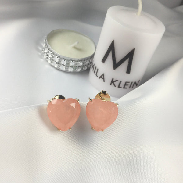 Large Heart Earrings Peach Quartz Fusion Stone 18k Gold Plated