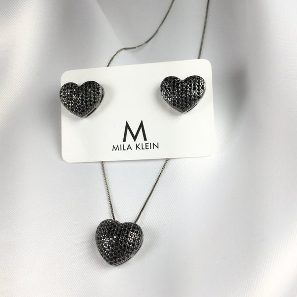 Heart Studded Earrings Micro Zirconia Black Rhodium
