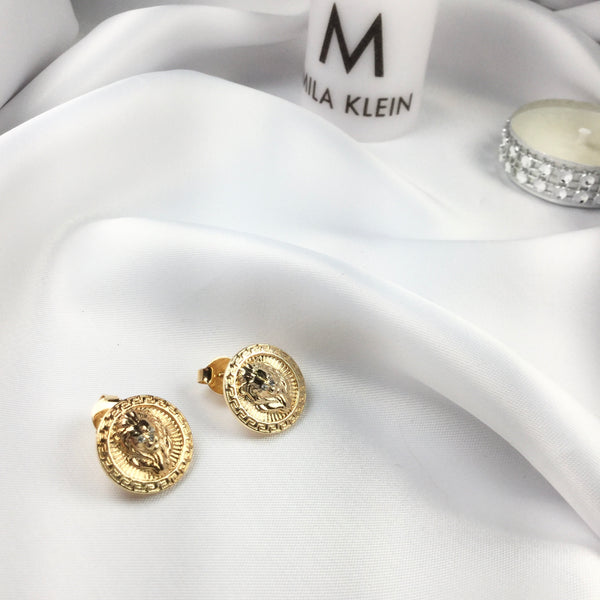 Famous Brand Inspired Lion Earrings Greek Pattern 18k Gold Plated and micro cz