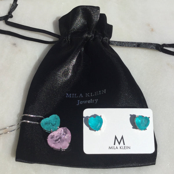 Set Double heart necklace & earring blue and light pink