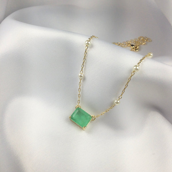 Rectangle Greenery Stone Necklace Pearls 18K Gold Plated
