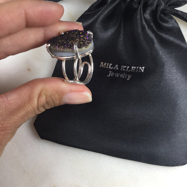 Statement Blue Metallic Druzy Silver Plated Wire Ring Adjustable