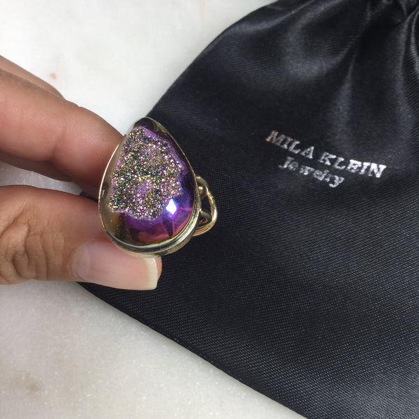 Statement Multicolor Pear Shape Metallic Druzy 18k Gold Plated wire Ring Adjustable
