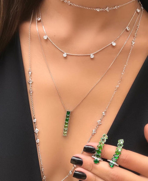 Necklace Green Ombré Crystal white Rhodium