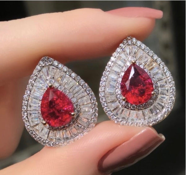 Ruby Drop Statement Baguettes Earrings 18k Gold Plated