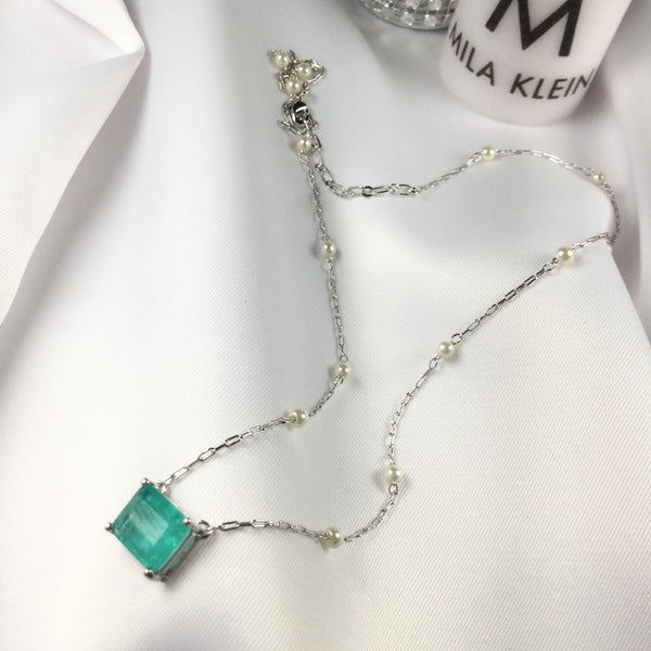 Rectangle Small Blue tourmaline Necklace and Pearl