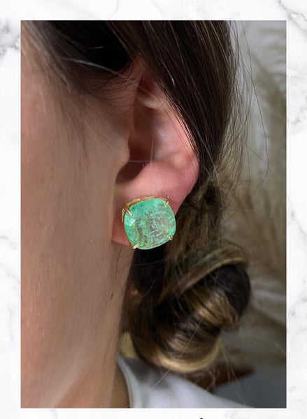 Luxury Square Stud Earrings Colombian Emerald
