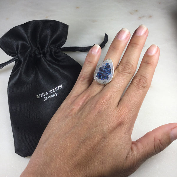 Statement Blue & White Metallic Druzy Pear Shape Silver Plated Ring Adjustable