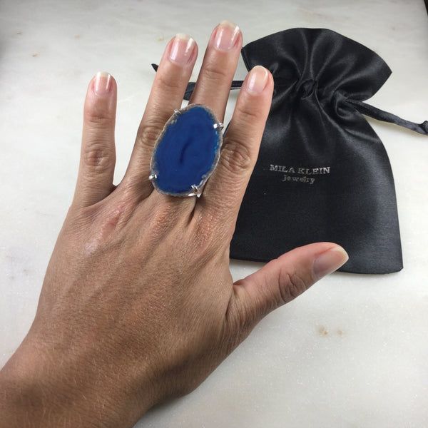 Statement Blue Agate Silver Plated Cuff Ring Adjustable
