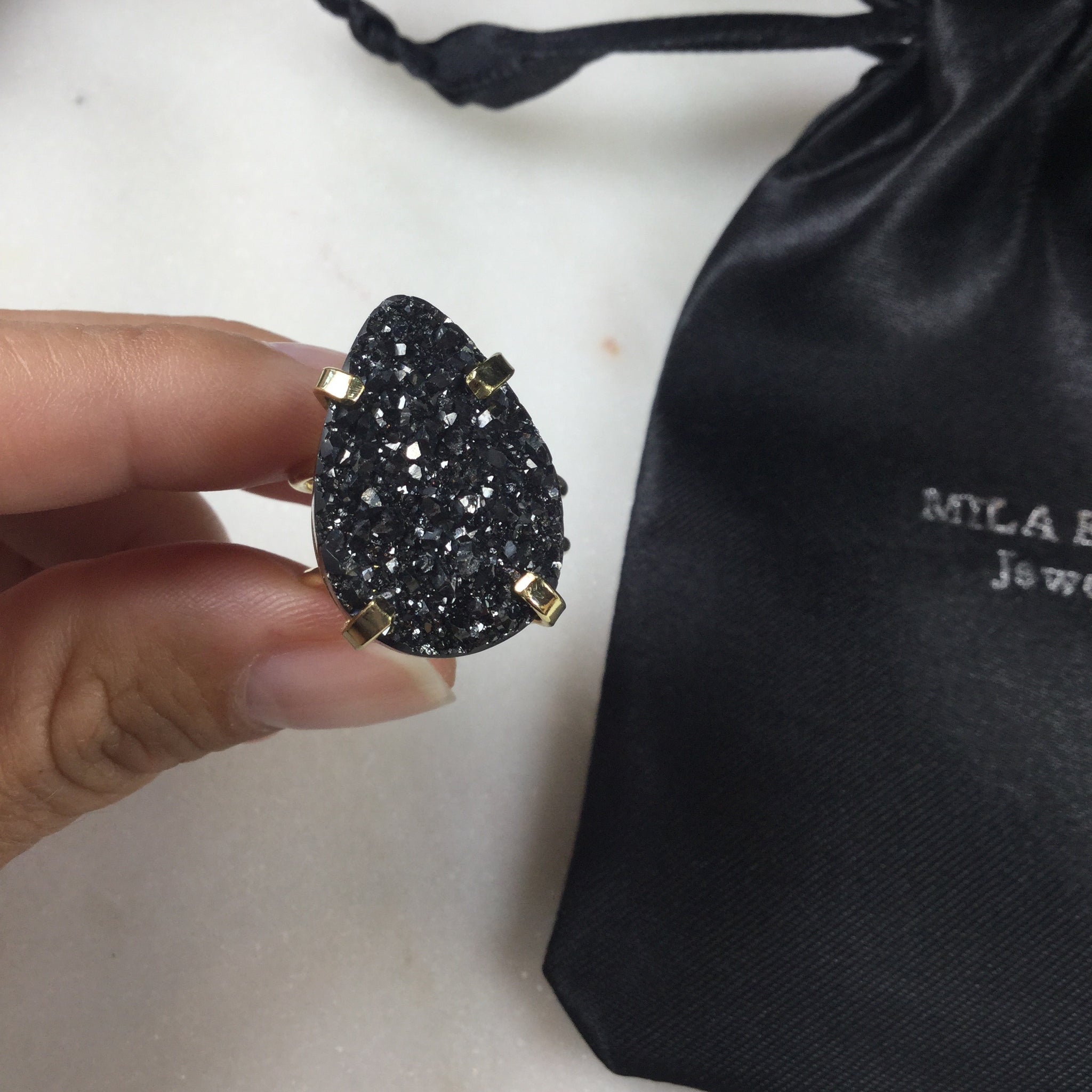Statement Black Metallic Druzy 18k Gold Plated arc Ring Adjustable