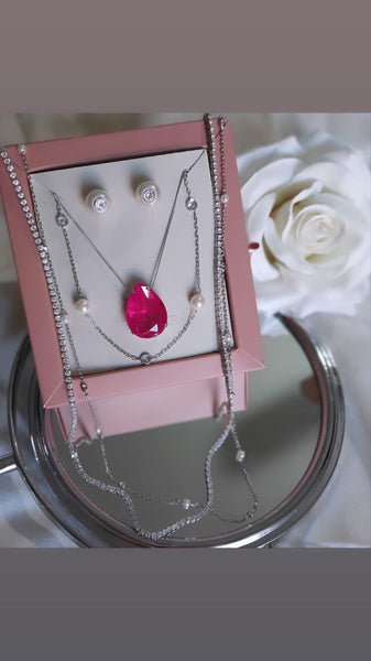 SET Drop Shape Necklace Pink Ruby Stone