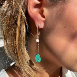 Drop Shape Stud Earrings Colombian Emerald and Pearl