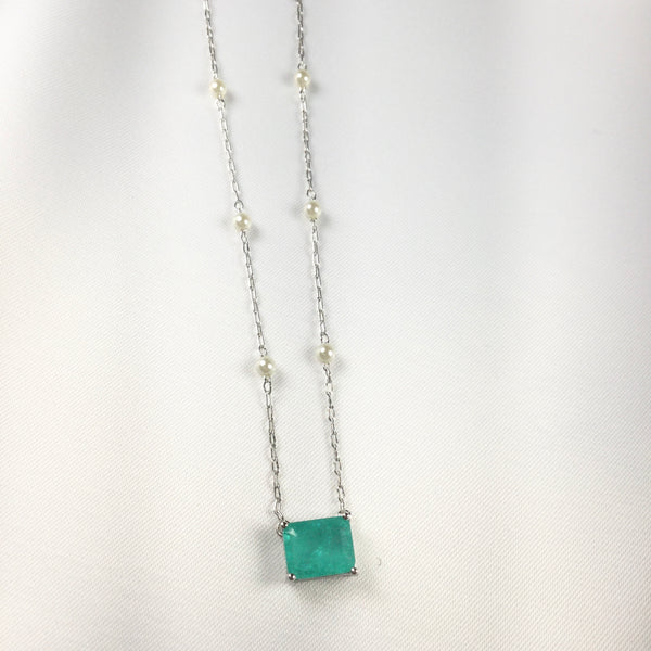 Rectangle Small Blue tourmaline Necklace and Pearl