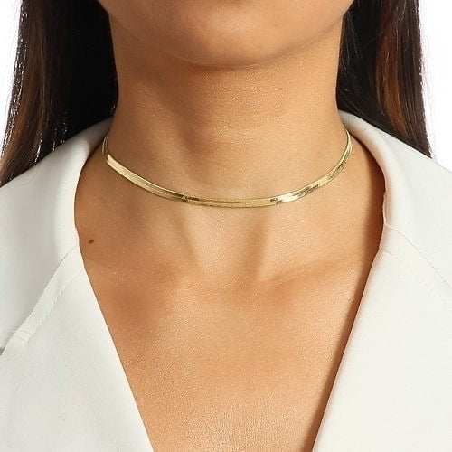 Herringbone Chain Choker Necklace 18k Gold Plated