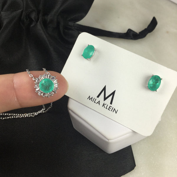 Set round Necklace and  Earring Colombian Emerald fusion and baguettes
