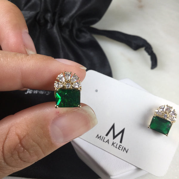 Rectangle Emerald fusion flower earrings 18k gold plated