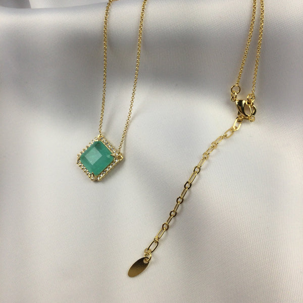 Delicate Square Greenery Stone Necklace and Diamondettes 18K Gold Plated