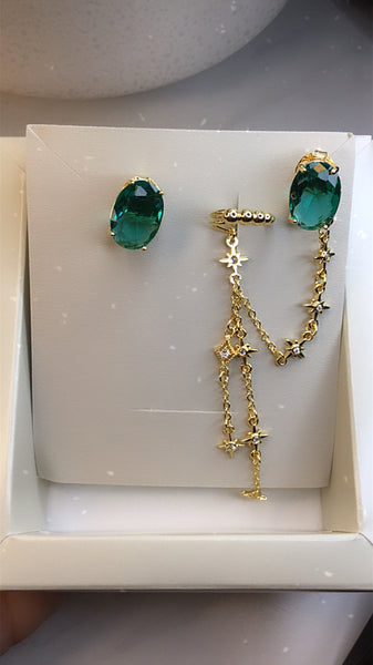 Pair Oval Earrings Ear Cuff Emerald 18k Gold Filled