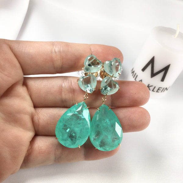 Luxury Statement Heart Earrings Aquamarine and Colombian Emerald 18k gold plated