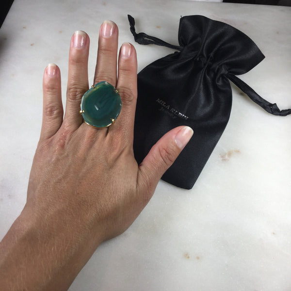 Statement Green agate 18k gold plated arc ring adjustable