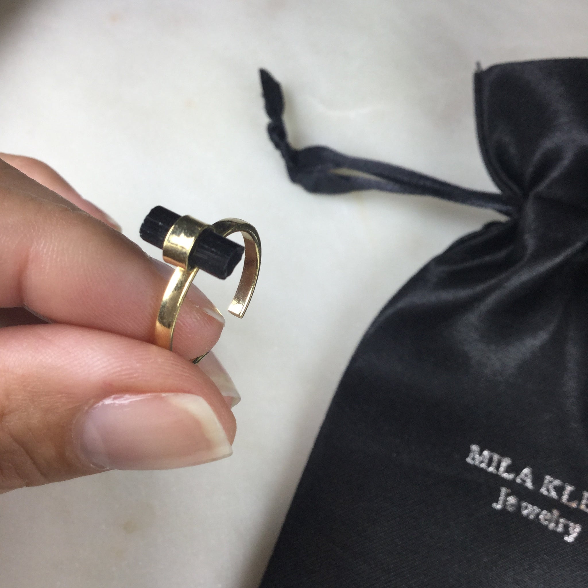 Minimalist Black Tourmaline 18K Gold Plated simple band Ring Adjustable