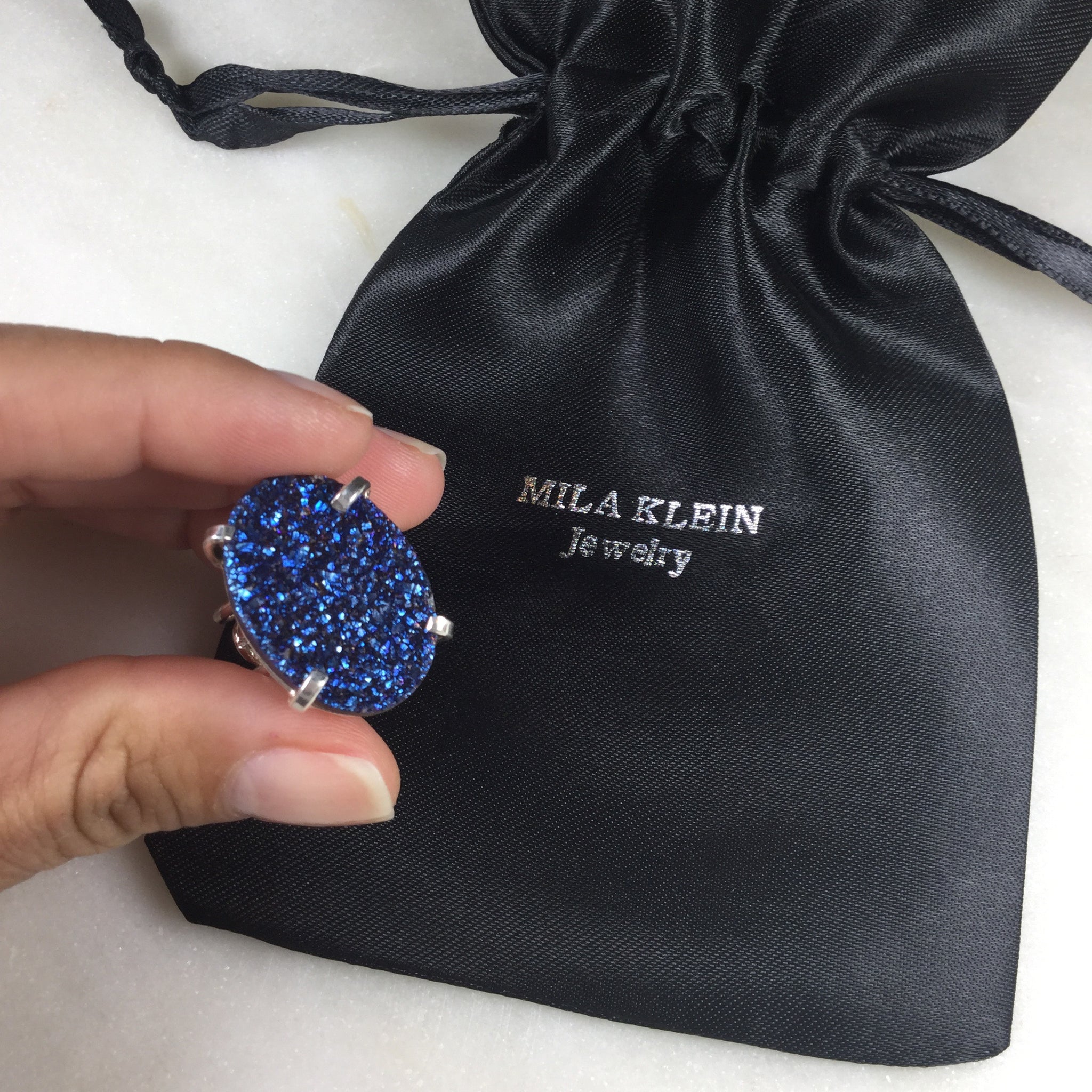 Statement Blue Metallic Druzy Silver Plated Wire Ring Adjustable