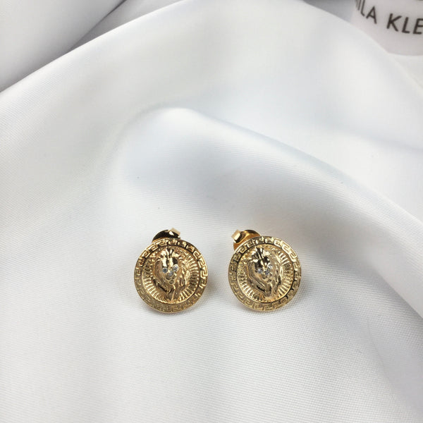 Famous Brand Inspired Lion Earrings Greek Pattern 18k Gold Plated and micro cz