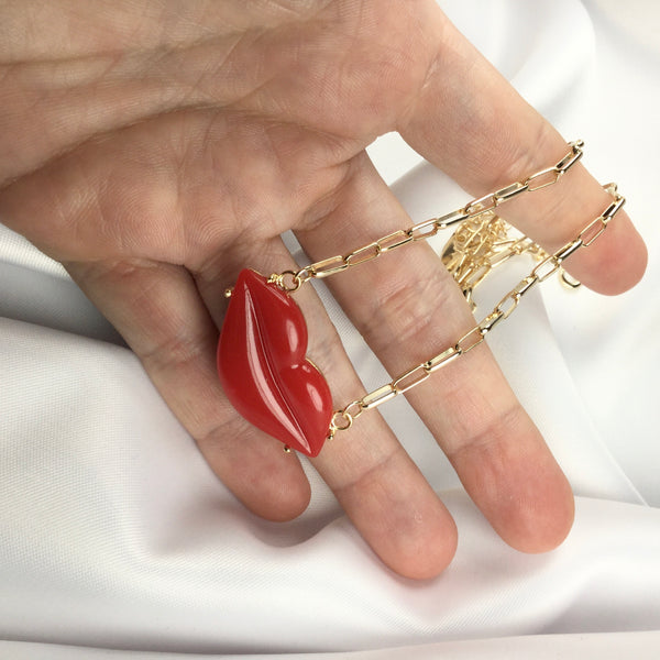 Fashion Red Lip Necklace 18k Gold Plated