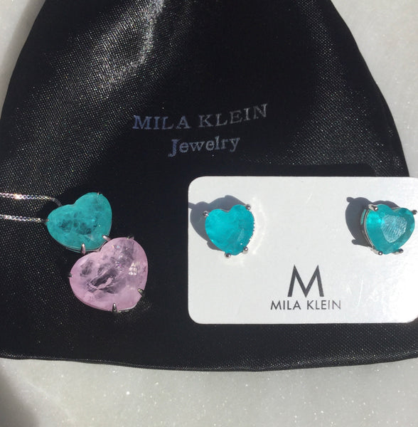 Set Double heart necklace & earring blue and light pink