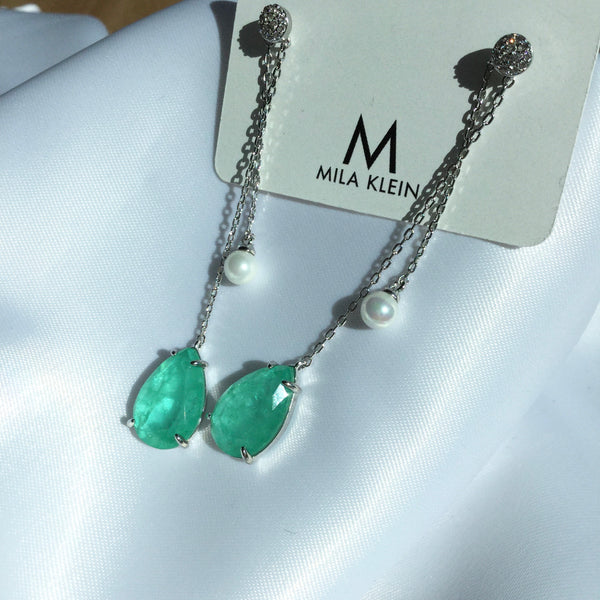 Drop Shape Stud Earrings Colombian Emerald and Pearl