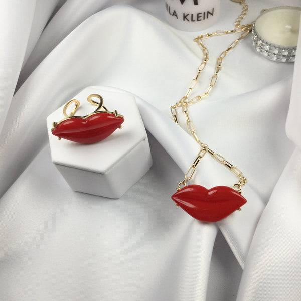 Fashion Red Lip Necklace 18k Gold Plated