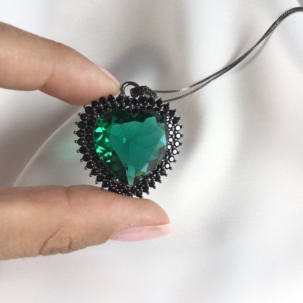 Maxi Heart Necklace Emerald Crystal  and micro black zirconia
