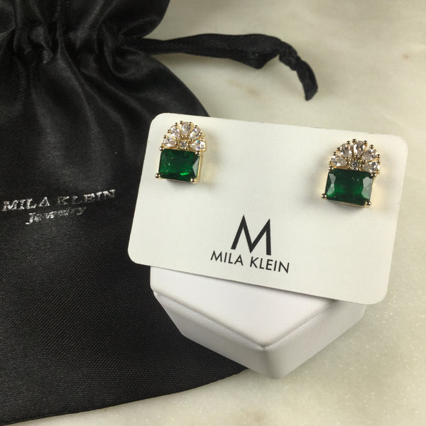 Rectangle Emerald fusion flower earrings 18k gold plated