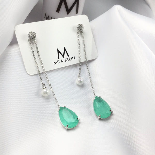 Drop Shape Stud Earrings Colombian Emerald and Pearl