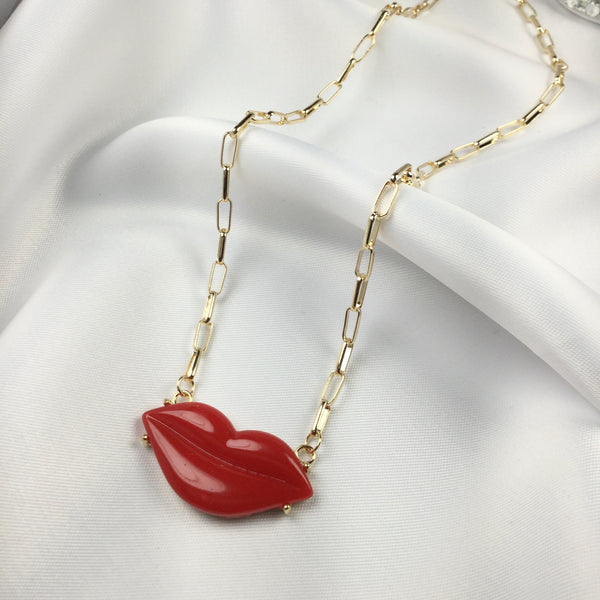 Fashion Red Lip Necklace 18k Gold Plated