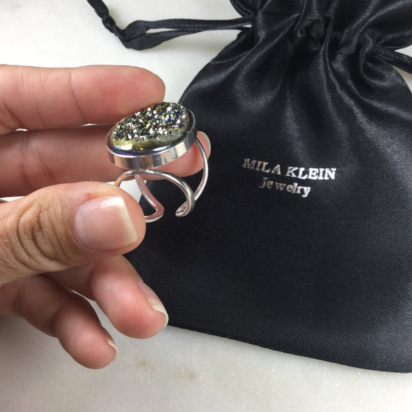 Statement Multicolor Oval Silver Plated Arc Ring Adjustable