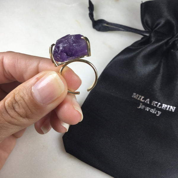 Delicate Raw Amethyst 18K Gold Plated simple band Ring Adjustable
