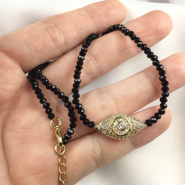 Black Crystal Evil Eye Choker 18k Gold Plated Diamondettes