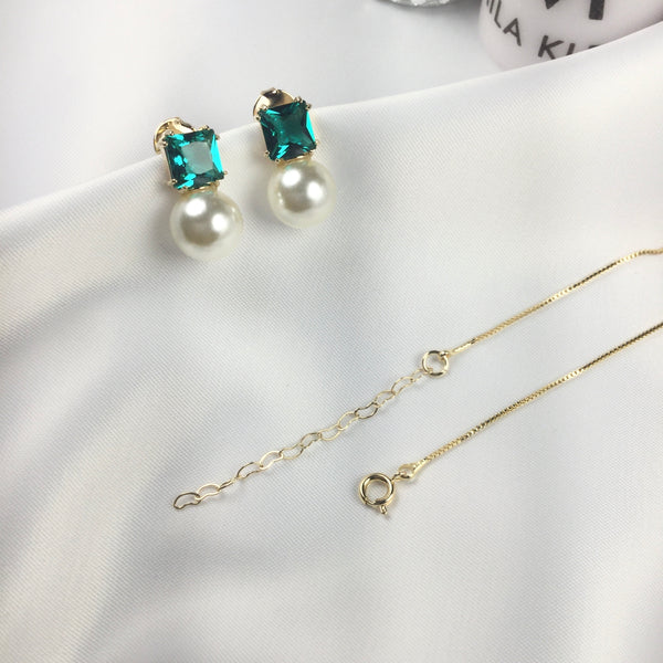Set Delicate Emerald Crystal and Pearl 18k Gold Plated