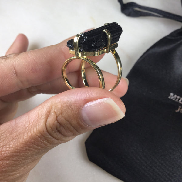 Statement Black tourmaline 18K Gold Plated Arc Ring
