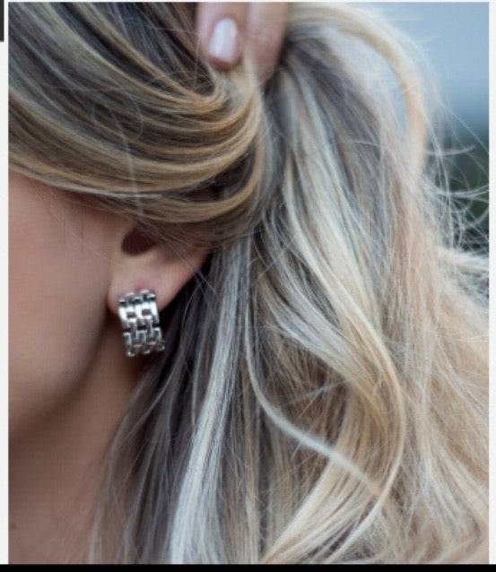White Rhodium Plated link Hoop Earrings
