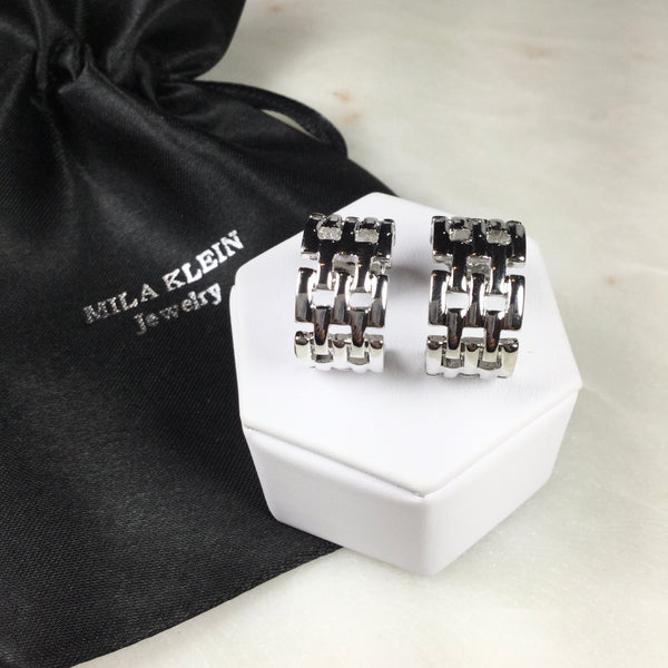 White Rhodium Plated link Hoop Earrings