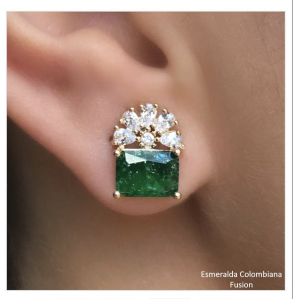 Rectangle Emerald fusion flower earrings 18k gold plated