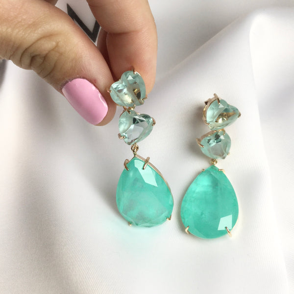 Luxury Statement Heart Earrings Aquamarine and Colombian Emerald 18k gold plated