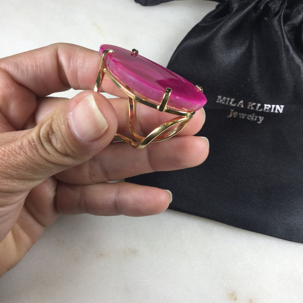 Statement Pink Agate 18K gold Plated Arc Ring Adjustable